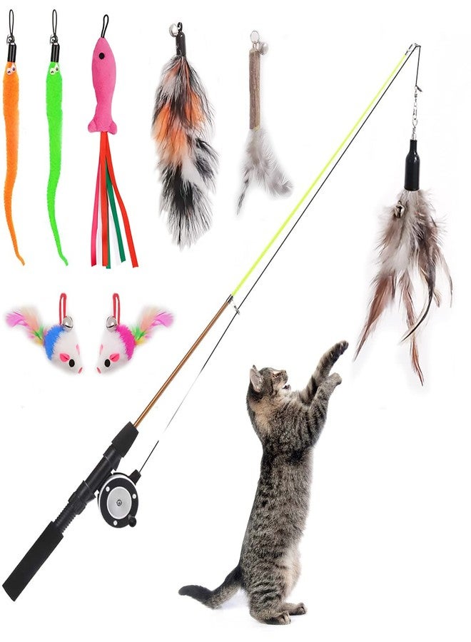 Whefory Retractable Cat Teaser Wand Toy, Cat Toys for Indoor Outdoor Cats Interactive Fishing Rod with 8 Pcs Refills Feather Toy, Plush Mouse Caterpillar & Fish - Image 1