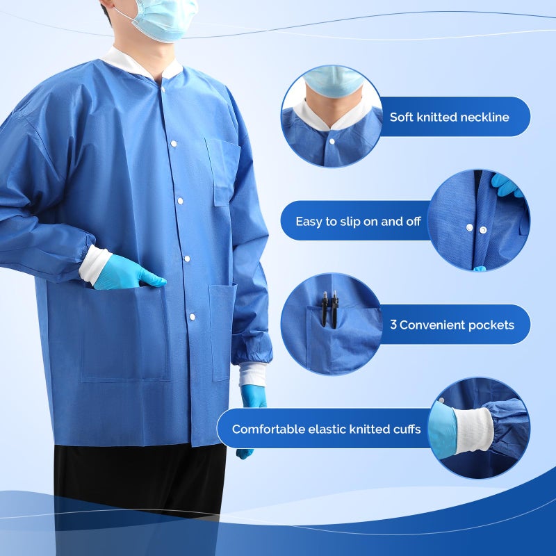 JMU 10 Pack Disposable Lab Jackets Large, SMS Disposable Medical Jackets for Men and Women, Knit Cuffs Collar, 3 Pockets (Blue) - Image 3