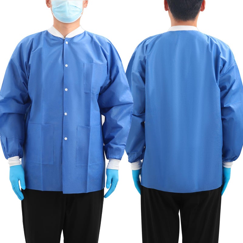JMU 10 Pack Disposable Lab Jackets Large, SMS Disposable Medical Jackets for Men and Women, Knit Cuffs Collar, 3 Pockets (Blue) - Image 2