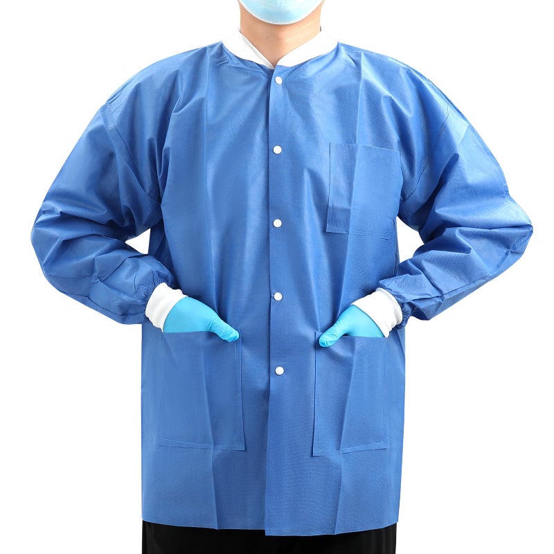 JMU 10 Pack Disposable Lab Jackets Large, SMS Disposable Medical Jackets for Men and Women, Knit Cuffs Collar, 3 Pockets (Blue) - Image 1