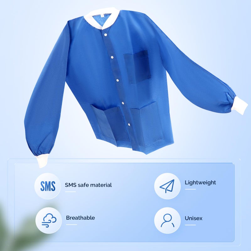 JMU 10 Pack Disposable Lab Jackets Large, SMS Disposable Medical Jackets for Men and Women, Knit Cuffs Collar, 3 Pockets (Blue) - Image 4