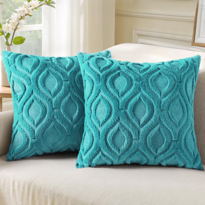 decorUhome Summer Throw Pillow Covers 18x18 Inch Set of 2 Soft Plush Faux Wool Turquoise Solid Couch Pillow Covers Accent Farmhouse Neutral Square Pillow Cases for Sofa Bed Living Room - Image 2