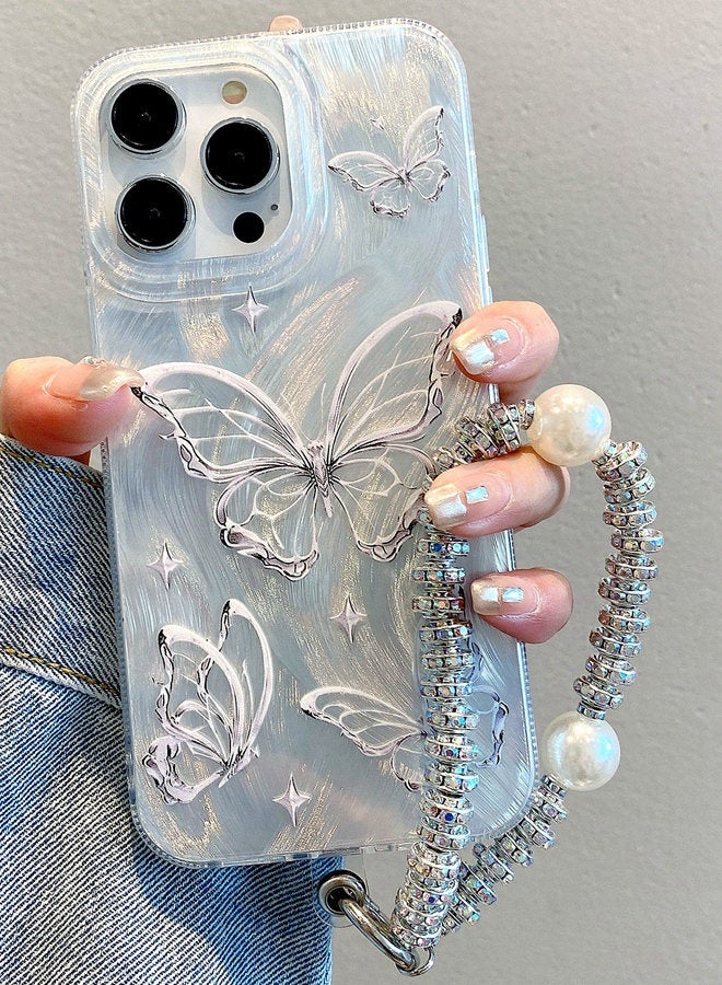 Case for iPhone 16 Pro with Cute Butterfly，Sparkly Pearl Wrist Strap，Bling Shockproof iPhone 16 Pro Cover，Portable iPhone Cover for Women&Girls Gift - Image 2