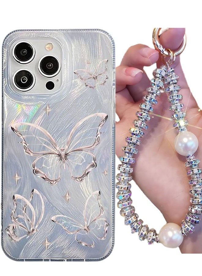 Case for iPhone 16 Pro with Cute Butterfly，Sparkly Pearl Wrist Strap，Bling Shockproof iPhone 16 Pro Cover，Portable iPhone Cover for Women&Girls Gift - Image 1