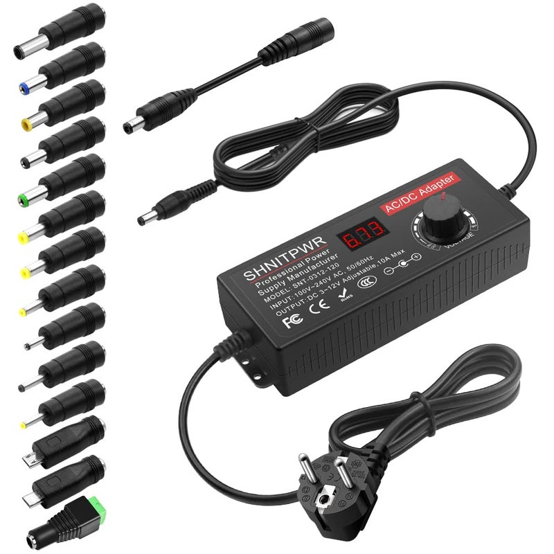 شنيت بور شاحن عالمي بقدرة 3.5V إلى 12V وقدرة 120 واط وتيار 10 أمبير، محول تيار متردد إلى مستمر، يدعم الأجهزة الإلكترونية التي تستهلك جهودًا من 3.5V إلى 12V، مثل إطارات الصور وكاميرات مراقبة الأطفال وشرائط LED. - Image 1