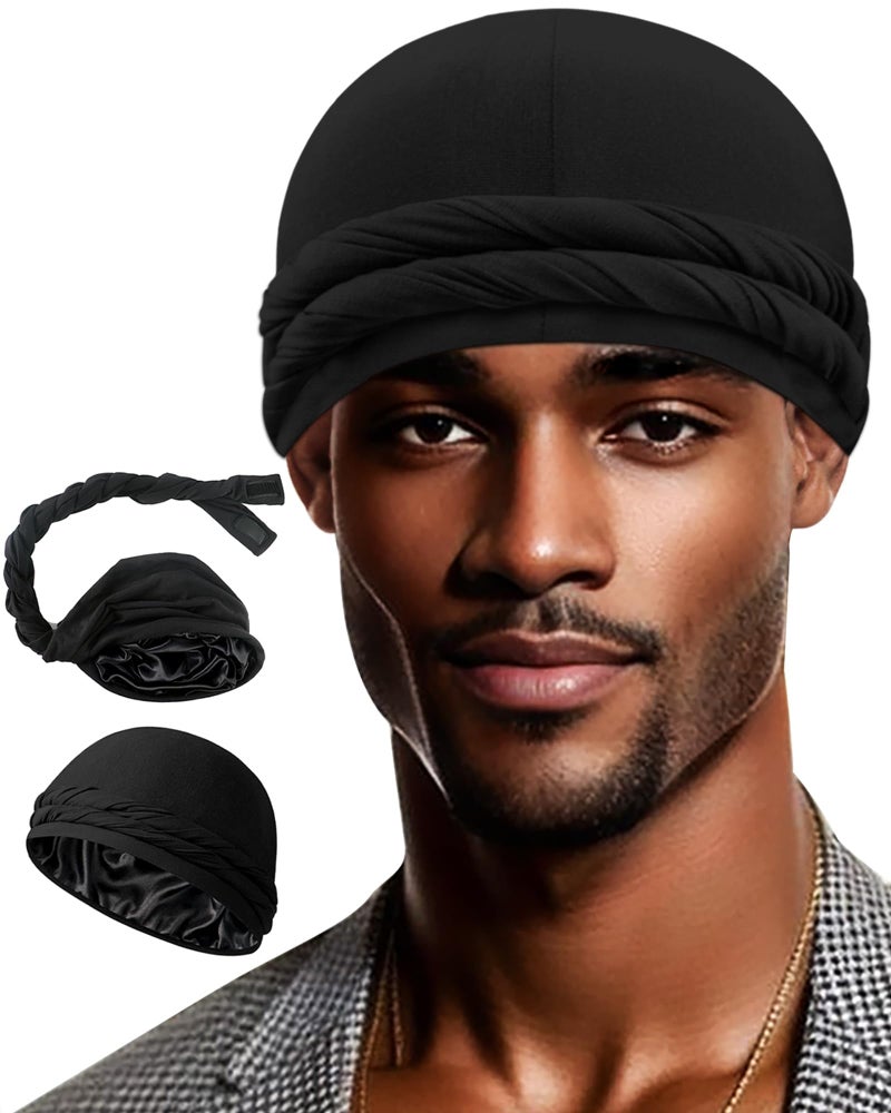 Ababalaya Adjustable Satin Lined Halo Turban Durag for Men &Women, Sleeping Bonnet, Beanie Hats, PRE-Tied Headwraps for Hair Loss Black - Image 1