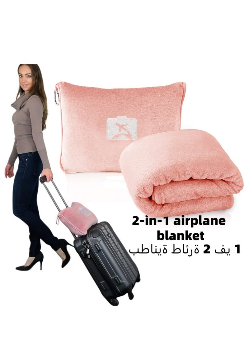 بطانية ووسادة سفر - بطانية طائرة فاخرة 2 في 1 مع غطاء وسادة ناعم للحقيبة، وجيب لحقيبة اليد، ومشبك لحقيبة الظهر (وردي فاتح) - Image 1