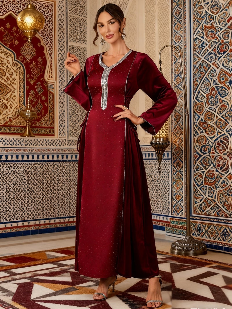 Elegant Velvet Rhinestone Women's Long Dress with Tie Waist - 2026 Trendy Flowy Robe Style