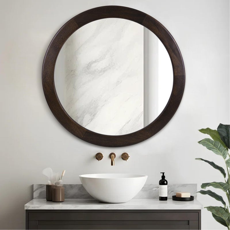 CULER Round Mirrors 30 Inch,Wood Vanity Wall Rustic Mirror with Wood Frame, Wooden Circle Mirror for Bathroom Bedroom Living Room Or Entryway(Dark Walnut Brown) - Image 3