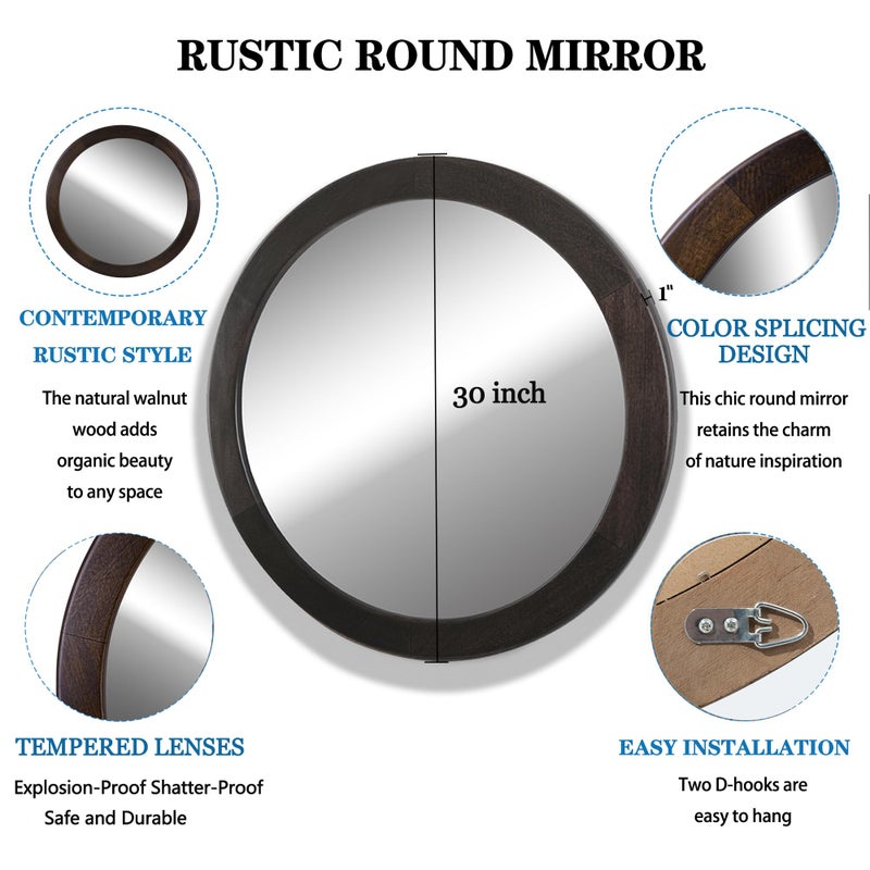 CULER Round Mirrors 30 Inch,Wood Vanity Wall Rustic Mirror with Wood Frame, Wooden Circle Mirror for Bathroom Bedroom Living Room Or Entryway(Dark Walnut Brown) - Image 5