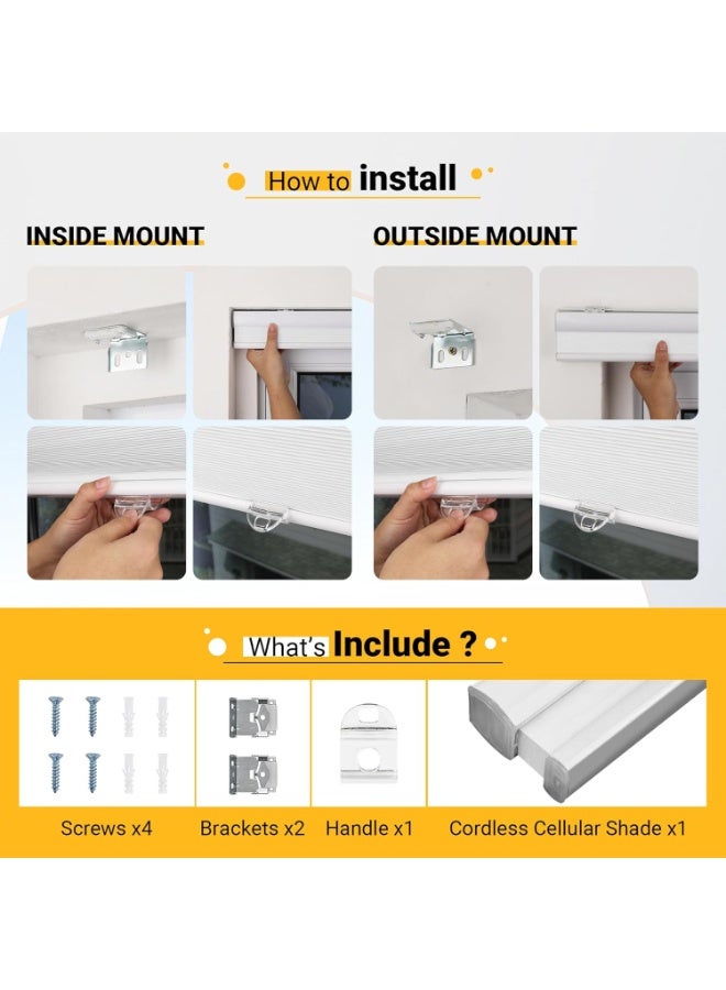 SBARTAR Honeycomb Cellular Shades Cordless Light Filtering for Windows Inside & Outside Mount, 23" W x 64" H, White(Light Filtering) - Image 4