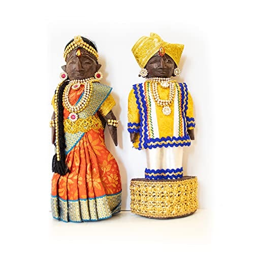 Swaha Marapachi Raja Rani Wooden Doll 20 cm | Traditional Bommala Koluvu Pattada Gombe with Dress | Handcrafted South Indian Wedding Dolls | Navratri Golu Decor Set of 2 - Image 1