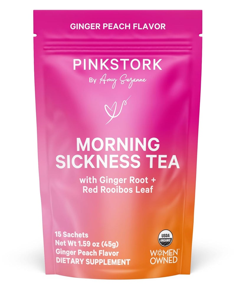 Pink Stork Organic Morning Sickness Pregnancy Tea - Hot or Iced Tea - Prenatal Heartburn, Indigestion, and Constipation Support - 1st Trimester Pregnancy Must Haves - Ginger Peach, 15 Sachets
