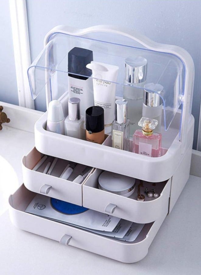 اليسا منظم تخزين شفاف متعدد الأقسام مع أدراج وغطاء للغبار - صندوق عرض بلاستيكي متين للمكتب والحمام وطاولة الزينة وسطح الطاولة - Image 1