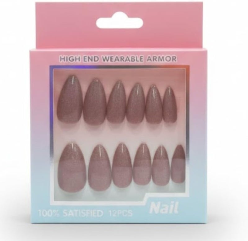 12 pc Press on MIRROR Nails Medium Fake Nail Tips Nude Acrylic Nails Press ons Nail Almond Short Stiletto False Nail French Artificial with one sheet double face -N6