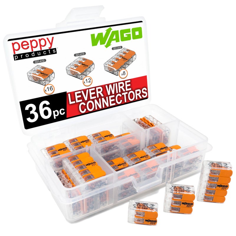 Peppy Products WAGO 221 Lever-Nuts 36pc Compact Splicing Wire Connector Assortment. Includes (16x) 221-412, (12x) 221-413, (8X) 221-415 - Image 1