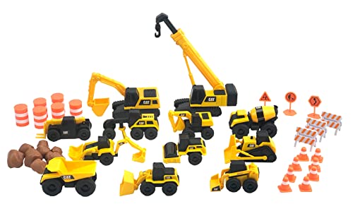 CAT Construction Toys Little Machines Mega Set 40 Pieces with XL Crane Excavator 10 Mini Vehicles Road Signs Cones Boulders Barricades IndoorOutdoor STEM Toy for Kids Ages 3 - Image 1