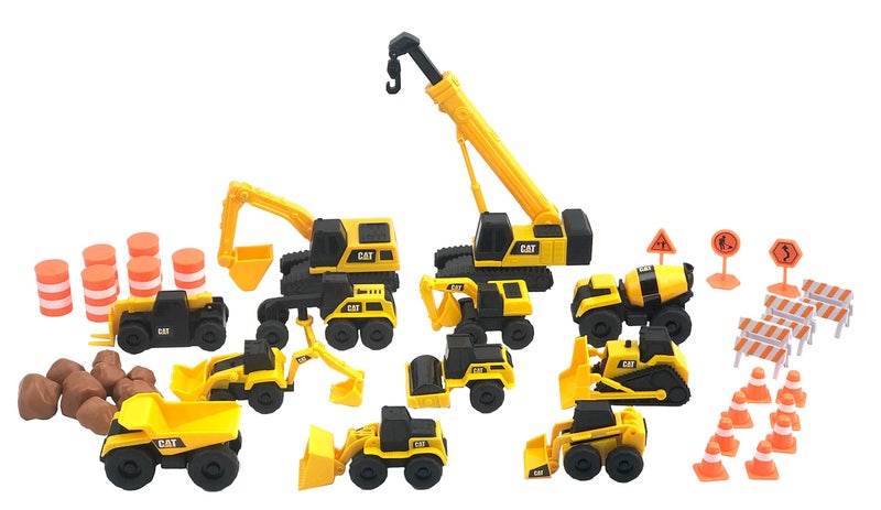 CAT Construction Toys Little Machines Mega Set 40 Pieces with XL Crane Excavator 10 Mini Vehicles Road Signs Cones Boulders Barricades IndoorOutdoor STEM Toy for Kids Ages 3 - Image 2