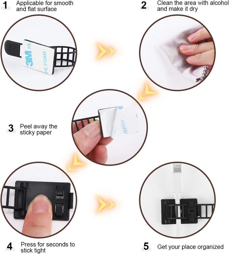 VAMRONE 50Pcs Adhesive Cable Management Clips with 50Pcs Zip Ties, Adjustable Nylon Cable Strap Ties Wire Clips Clamps Organizer with Strong Adhesive Tape, Extra Screw & Hole - 3.35 Inch Black - Image 5