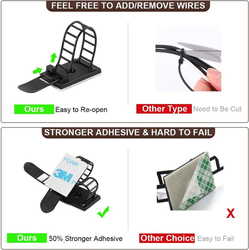 VAMRONE 50Pcs Adhesive Cable Management Clips with 50Pcs Zip Ties, Adjustable Nylon Cable Strap Ties Wire Clips Clamps Organizer with Strong Adhesive Tape, Extra Screw & Hole - 3.35 Inch Black - Image 4