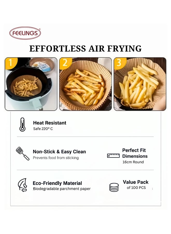 Feelings Round Air Fryer Paper Liners, 16cm, Pack of 100 – Non-Stick Grease-Proof Disposable Parchment Sheets for Air Fryers, Steamers & Baking, Easy-Cleanup Kitchen Liners, Beige - Image 5