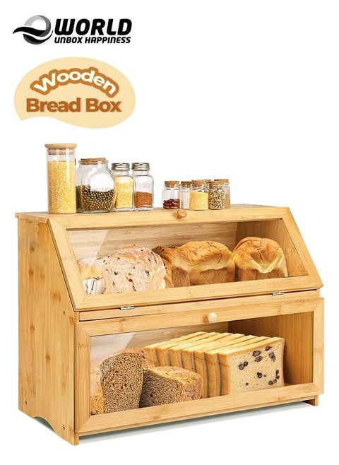 2 Tier Bamboo Bread Storage with Clear Acrylic Windows, Double Decker Space Saving Dry Food Container, Rustic Wooden Bread Bin and Crock Tin Keeper for Kitchen Countertop and Dining Table
