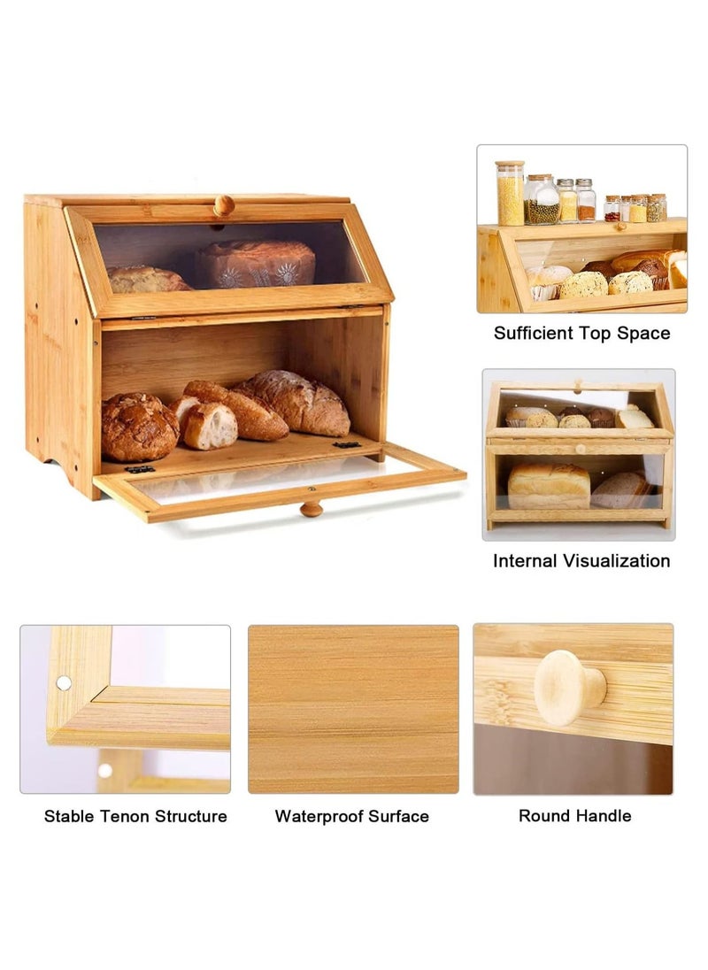 Eworld - 2 Tier Bamboo Bread Storage with Clear Acrylic Windows, Double Decker Space Saving Dry Food Container, Rustic Wooden Bread Bin and Crock Tin Keeper for Kitchen Countertop and Dining Table - Image 1