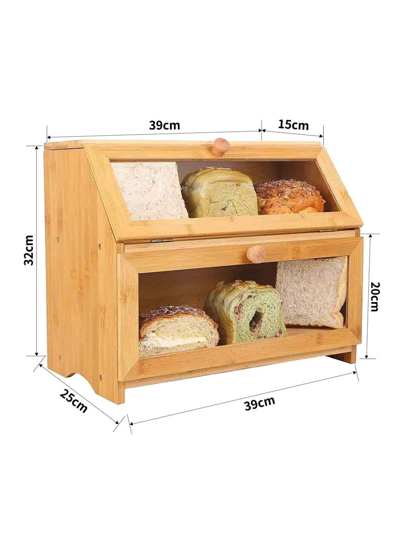 Eworld - 2 Tier Bamboo Bread Storage with Clear Acrylic Windows, Double Decker Space Saving Dry Food Container, Rustic Wooden Bread Bin and Crock Tin Keeper for Kitchen Countertop and Dining Table - Image 1