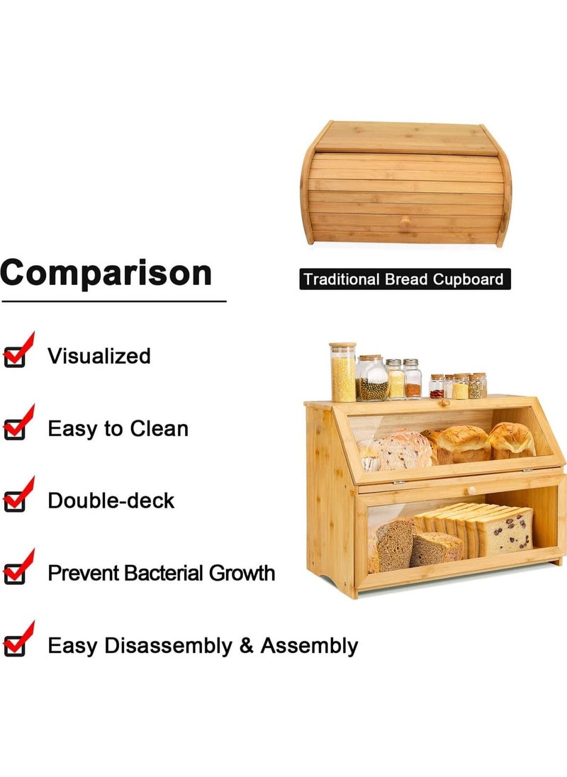 Eworld - 2 Tier Bamboo Bread Storage with Clear Acrylic Windows, Double Decker Space Saving Dry Food Container, Rustic Wooden Bread Bin and Crock Tin Keeper for Kitchen Countertop and Dining Table - Image 1