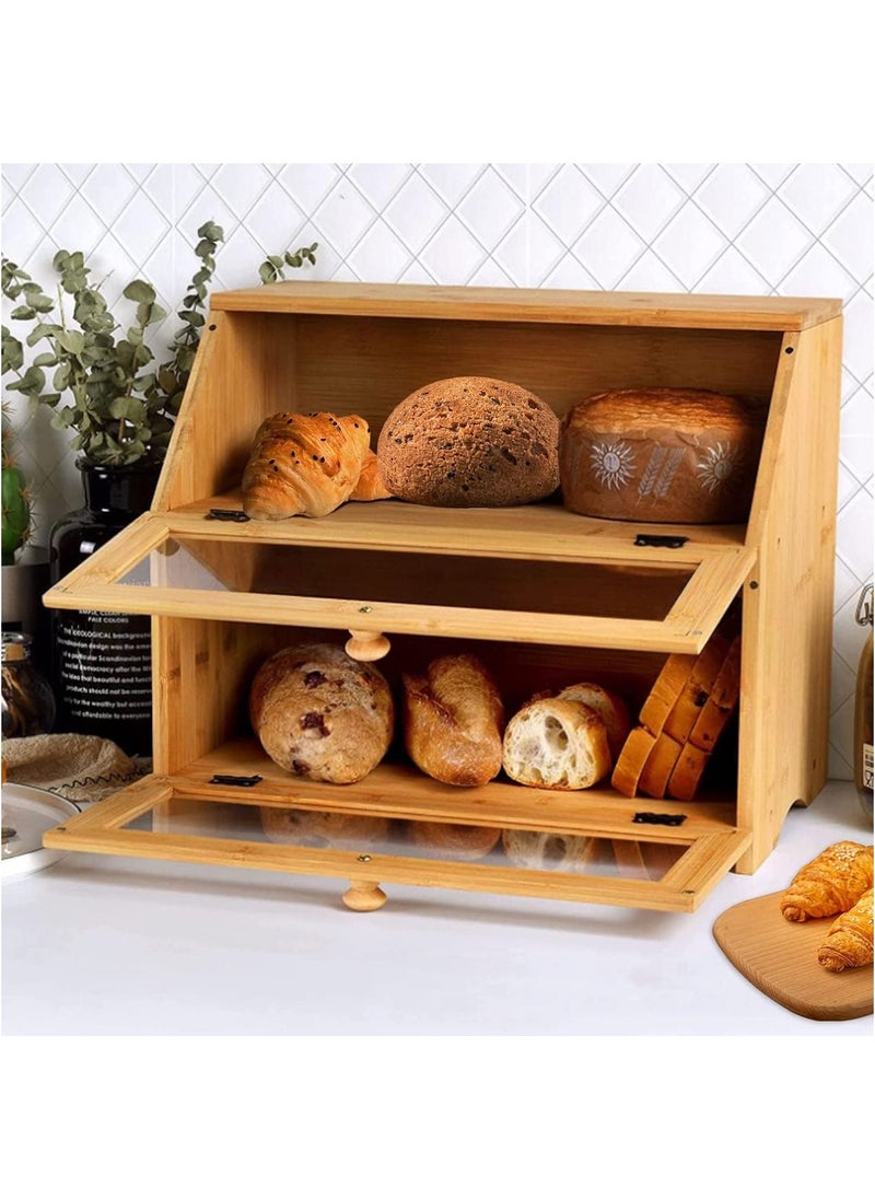 Eworld - 2 Tier Bamboo Bread Storage with Clear Acrylic Windows, Double Decker Space Saving Dry Food Container, Rustic Wooden Bread Bin and Crock Tin Keeper for Kitchen Countertop and Dining Table - Image 1