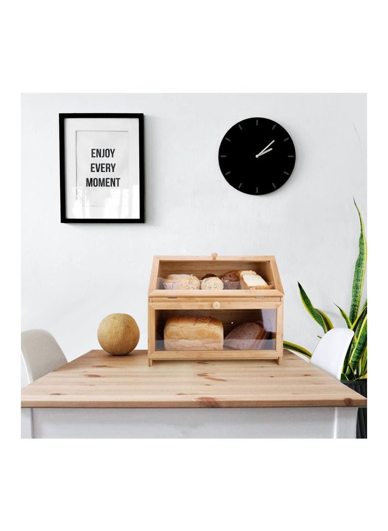 Eworld - 2 Tier Bamboo Bread Storage with Clear Acrylic Windows, Double Decker Space Saving Dry Food Container, Rustic Wooden Bread Bin and Crock Tin Keeper for Kitchen Countertop and Dining Table - Image 1