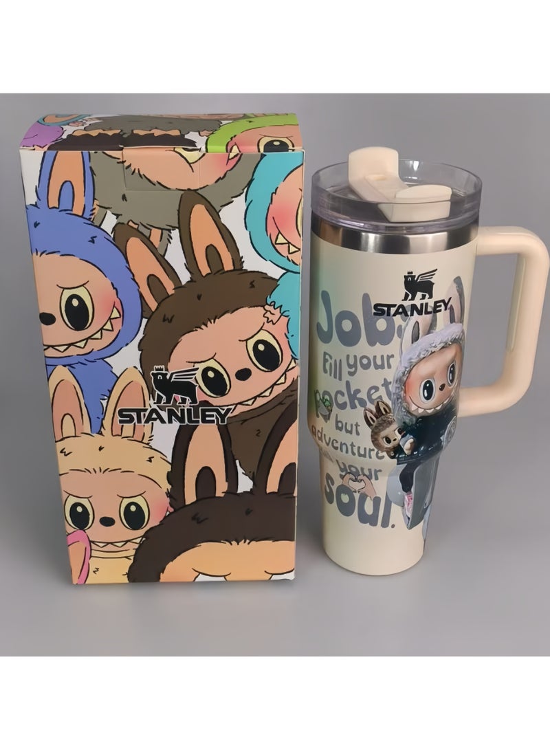 كوب Stanley × Labubu معزول بالفراغ من الفولاذ المقاوم للصدأ، كوب سفر معزول سعة 40 أونصة، تصميم حصري قابل للتجميع