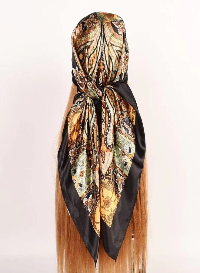 EIysee 35 x 35 Women's Fashion Pattern Large Square Silk Like Hair Scarf Head Sleeping Wrap Satin Neck Bandana for Gift, Large Cashews - Black, 35*35in - Image 2