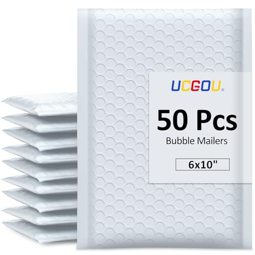 UCGOU أكياس البريد الفقاعية UCGOU 6x10 بوصة بيضاء 50 حزمة أظرف مبطنة بولي صغيرة للأعمال التجارية حزم الشحن ذاتية الإغلاق مقاومة للماء لحقائب المجوهرات ومستحضرات التجميل #0 - Image 1