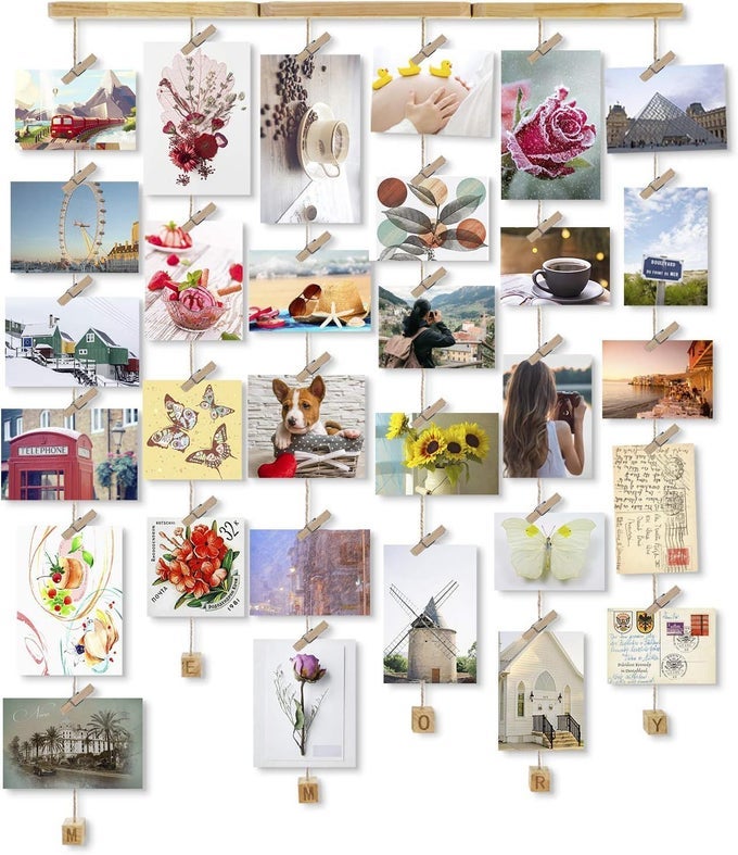 LOVEKANKEI WOOD PICTURE PHOTO FRAME FOR WALL DECOR 26 X 29 INCH WITH 30 CLIPS AJUSTABLE TWINES COLLAGE ARTWORKS PRINTS MULTI PICTURES ORGANIZER HANGING DISPLAY FRAMES MEMORY