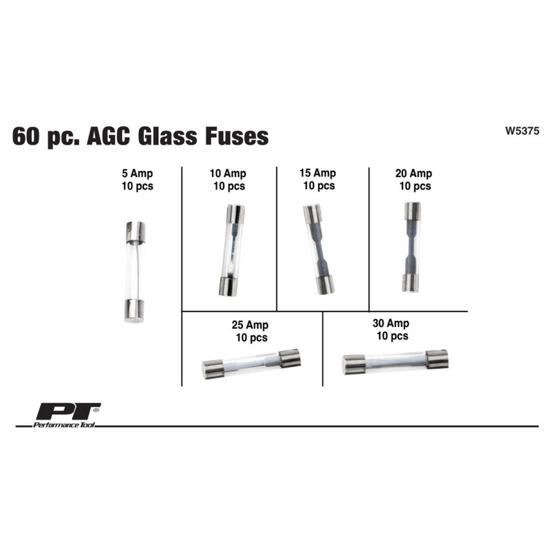 Performance Tool W5375 60pc AGC Glass Fuse Assortment (5A, 10A, 15A, 20A, 25A, and 30A) in a Clear Plastic Case - Image 2