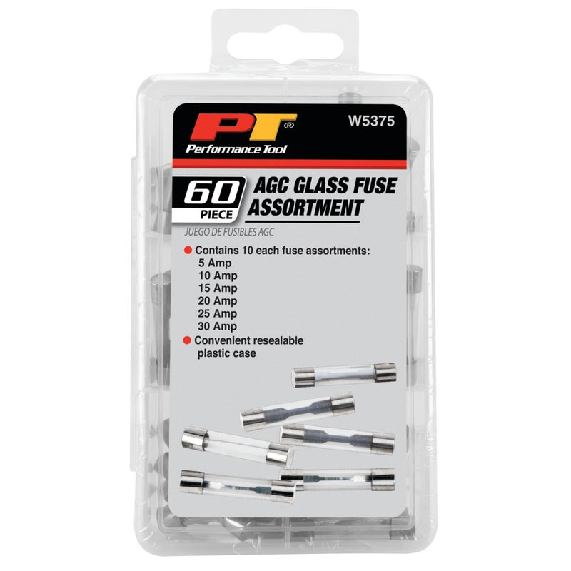 Performance Tool W5375 60pc AGC Glass Fuse Assortment (5A, 10A, 15A, 20A, 25A, and 30A) in a Clear Plastic Case - Image 4