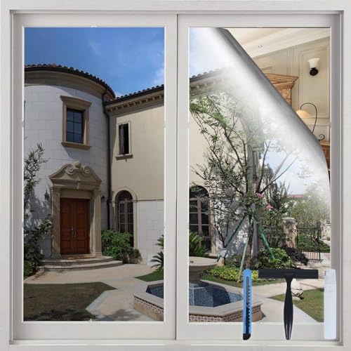 Volcanics One Way Window Privacy Film with Installation Tools 354 x 118 Inches Sun Blocking Window Tinting Film for Home Heat Control Mirror Tint Film Static Cling Silver - Image 1