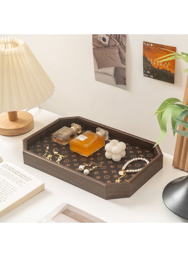 XiuWoo Storage Tray for jewelry and decorative items,Luxury Wooden Tray With Leather Texture,Serving Tray Decor Platter,Elegant Jewelry Entrance Storage Plate,Cosmetic Perfume Makeup Display Decorative Tray Tea Fruit Tray Jewelry Tray,for Living Room Storage Foods Drinks Makeups Jewelry,Decorative Accessory - Image 5