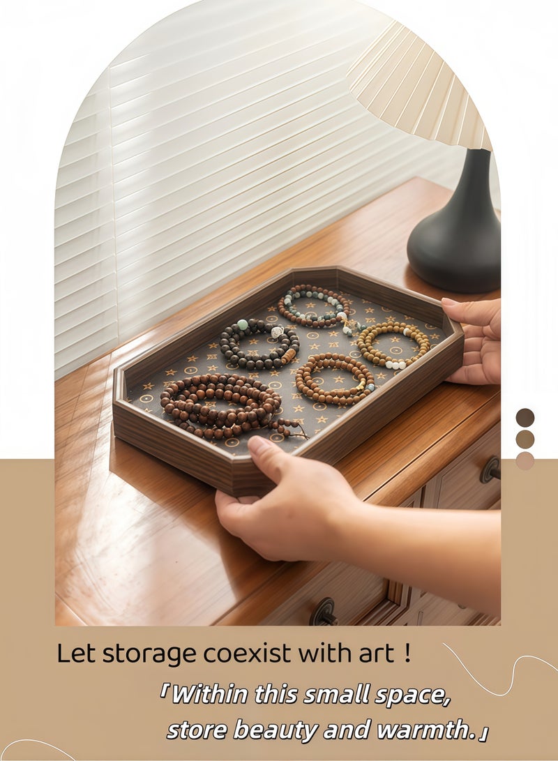 XiuWoo Storage Tray for jewelry and decorative items,Luxury Wooden Tray With Leather Texture,Serving Tray Decor Platter,Elegant Jewelry Entrance Storage Plate,Cosmetic Perfume Makeup Display Decorative Tray Tea Fruit Tray Jewelry Tray,for Living Room Storage Foods Drinks Makeups Jewelry,Decorative Accessory - Image 4