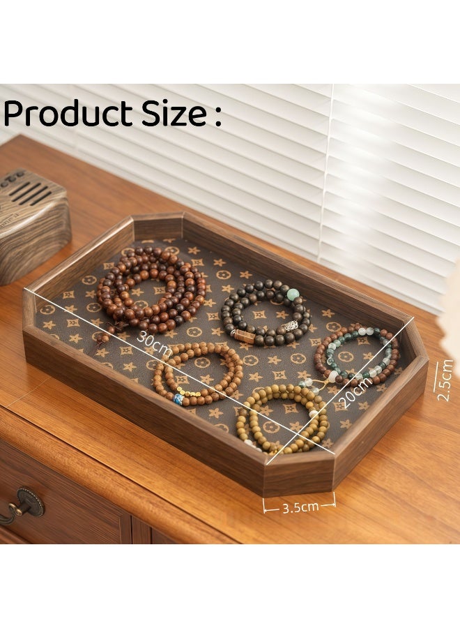 XiuWoo Storage Tray for jewelry and decorative items,Luxury Wooden Tray With Leather Texture,Serving Tray Decor Platter,Elegant Jewelry Entrance Storage Plate,Cosmetic Perfume Makeup Display Decorative Tray Tea Fruit Tray Jewelry Tray,for Living Room Storage Foods Drinks Makeups Jewelry,Decorative Accessory - Image 2