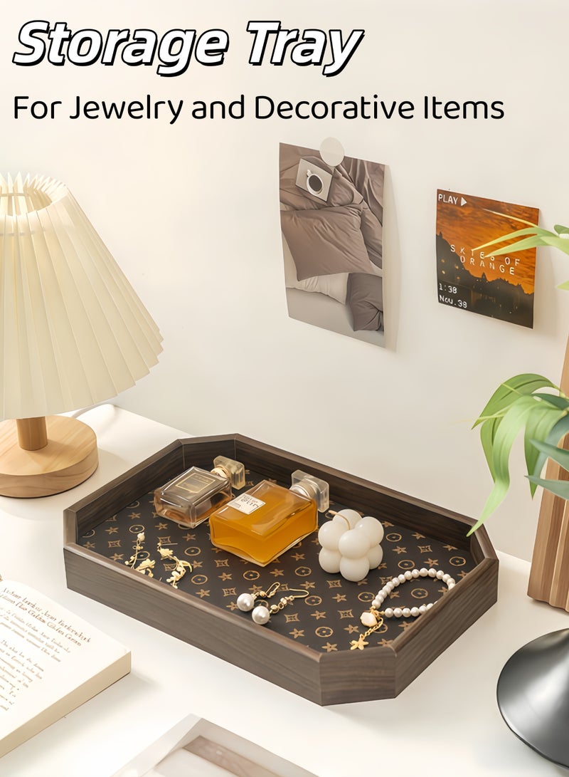 XiuWoo Storage Tray for jewelry and decorative items,Luxury Wooden Tray With Leather Texture,Serving Tray Decor Platter,Elegant Jewelry Entrance Storage Plate,Cosmetic Perfume Makeup Display Decorative Tray Tea Fruit Tray Jewelry Tray,for Living Room Storage Foods Drinks Makeups Jewelry,Decorative Accessory - Image 1