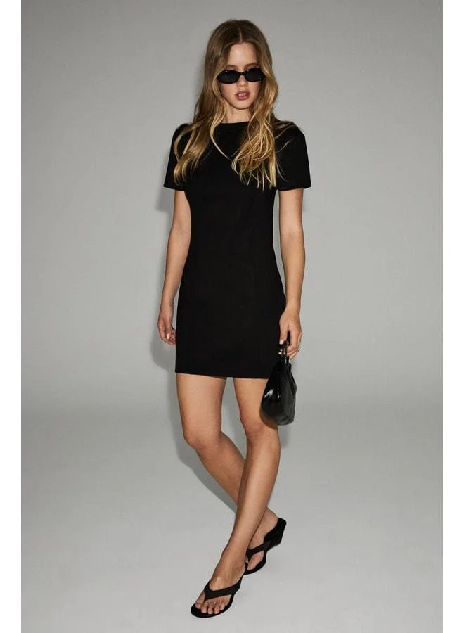 GRIMELANGE HEMLUS Women's Soft and Stretchy Fabric Short Sleeve Mini Black Dress.
