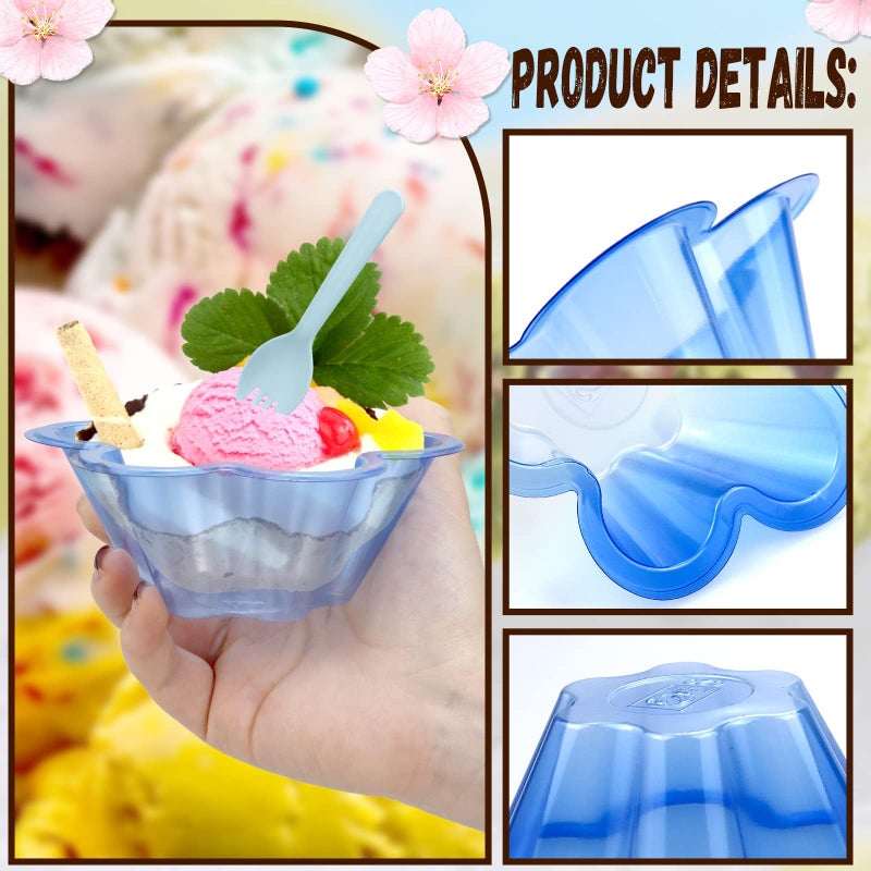 Vmiapxo 100 sets 8 oz Disposable Ice Cream Bowls and Spoons, Flower Shape Plastic Sundae Cups, Ice Cream Bar Supplies, Colorful Dessert Cups for Shaved Ice, Parfait, Strawberry, Yogurt - Image 3
