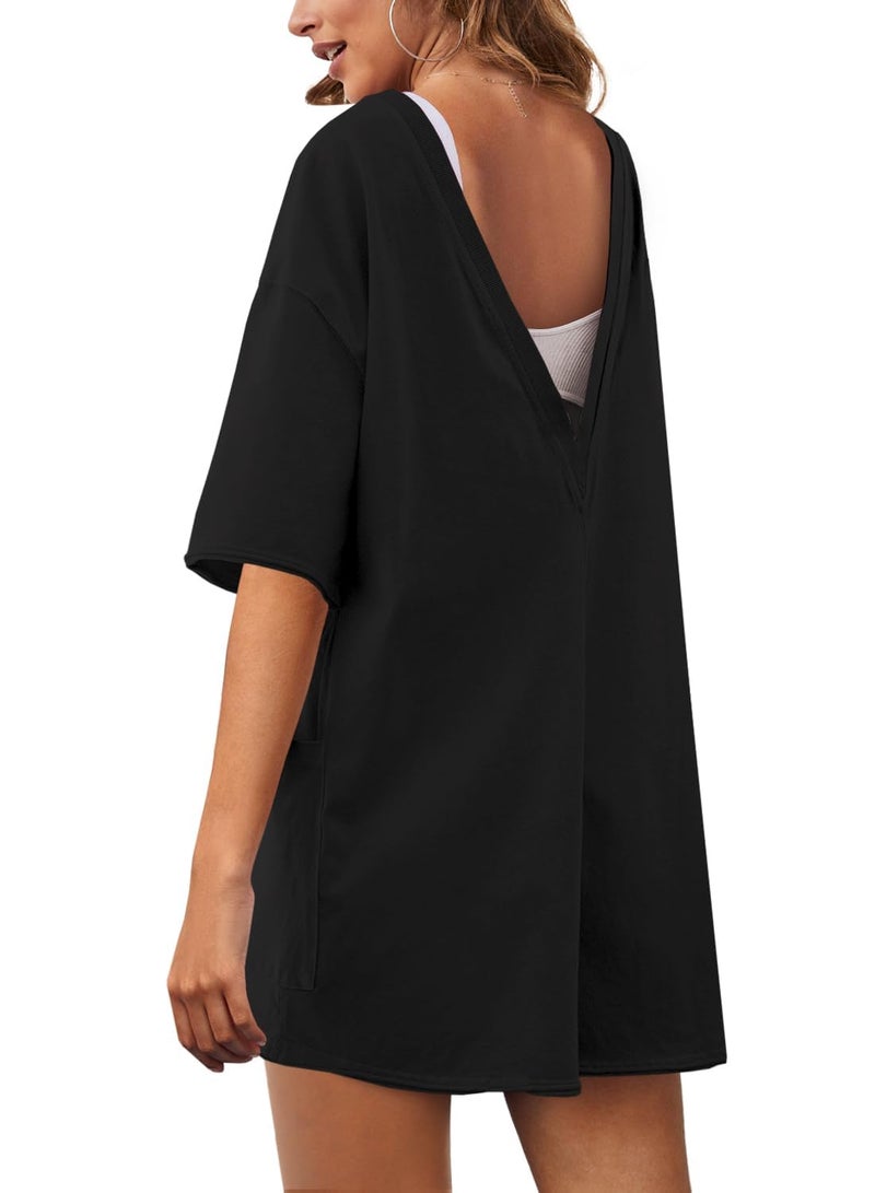 Yeokou Rompers for Women Casual Short Sleeve Oversized Athletic Workout Reversible Hot Shot Tee Romper Deep Pockets(Black-M) - Image 3