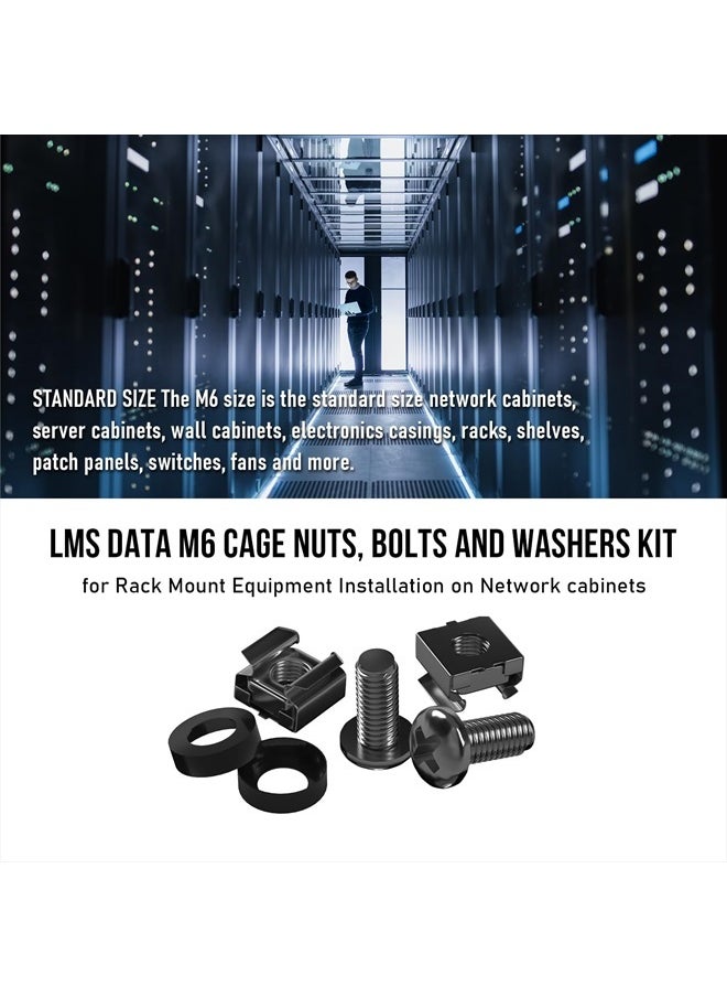 LMS Data - 50 Pack of Black M6 Cage Nuts & Screws for Rack Mount Equipment Server 19" and 10" Cabinet, Patch Panel, Server Shelves Fixing & Installation Screws & Cage Nuts Wall Mount Server Network Enclosure - Image 1
