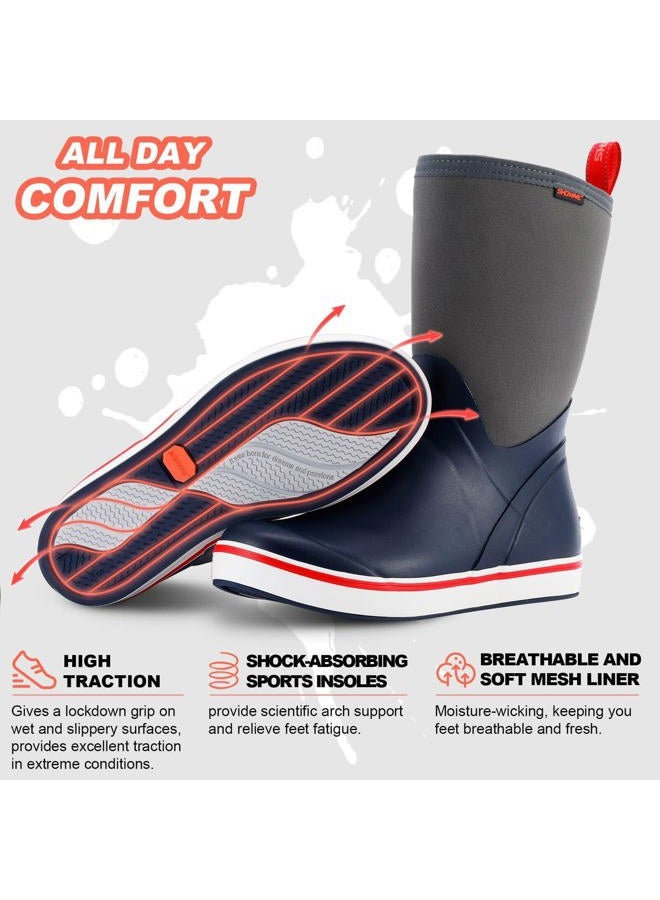 Showave Deck Boots for Men Rain Boots Mid Calf Insulated Rubber Boot for Men Waterproof Fishing Boot Outdoor Mud Booties for Sailing Gardening Working, Navy, 9 - Image 2