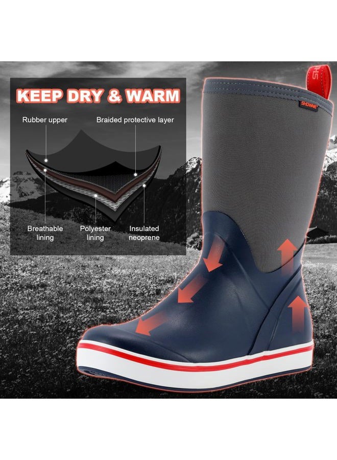 Showave Deck Boots for Men Rain Boots Mid Calf Insulated Rubber Boot for Men Waterproof Fishing Boot Outdoor Mud Booties for Sailing Gardening Working, Navy, 9 - Image 3