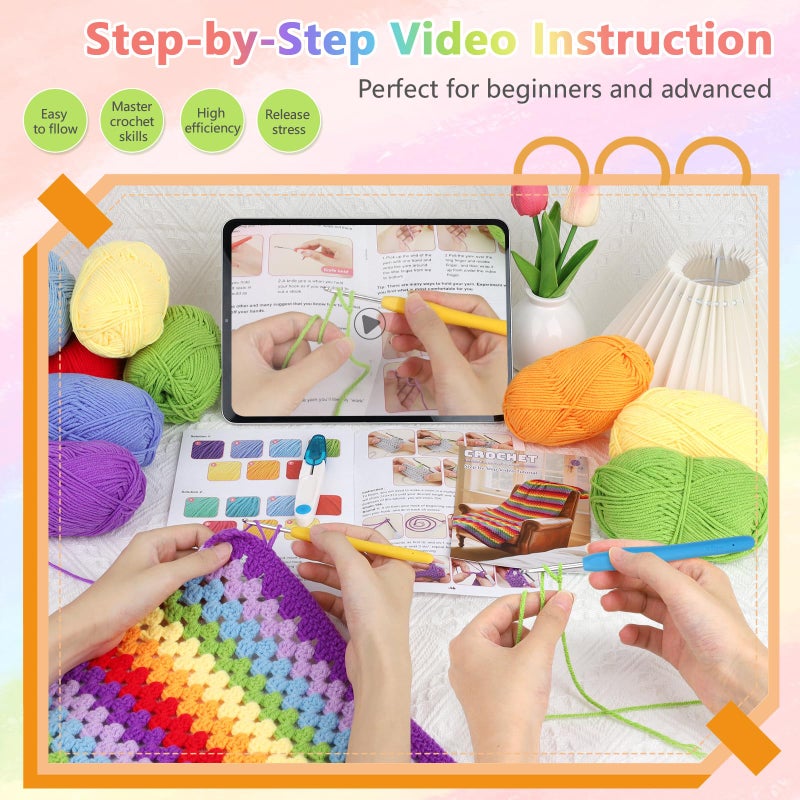 Reessy Crochet Blanket Kit for Beginners, Easy Crochet Kit for Beginners Adults & Kids with Step-by-Step Video Instructions, 43pcs Colorful Rainbow Stripe Learn to Knit Kits for Beginner - Image 2