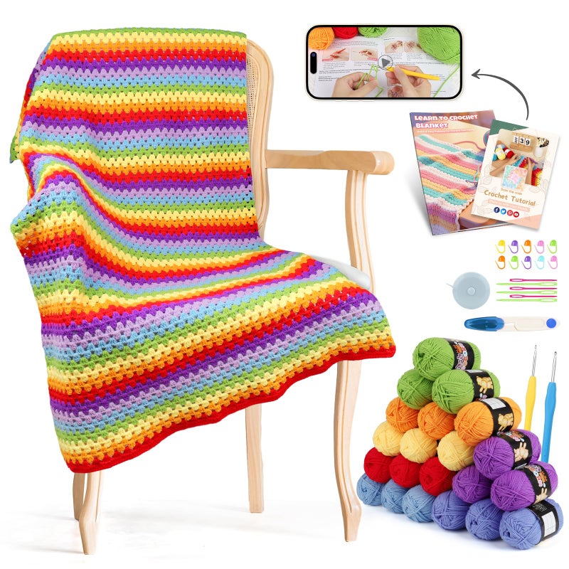 Reessy Crochet Blanket Kit for Beginners, Easy Crochet Kit for Beginners Adults & Kids with Step-by-Step Video Instructions, 43pcs Colorful Rainbow Stripe Learn to Knit Kits for Beginner - Image 1